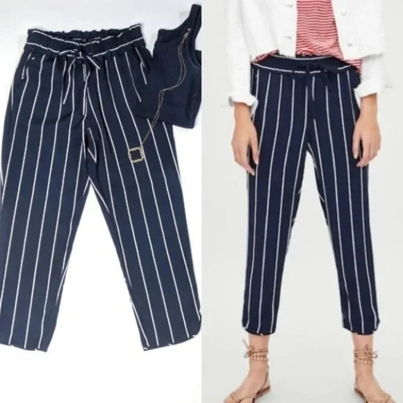 Zara Striped Trousers Pant High Rise Waist Straight Leg Crop Navy Blue Size XS - Picture 1 of 10